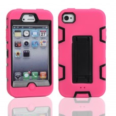 iPhone 4 4s - 3 Piece Hard Plastic Silicone Hybrid Shock Proof Drop KickStand Protective Phone Cover Case - Rose Black